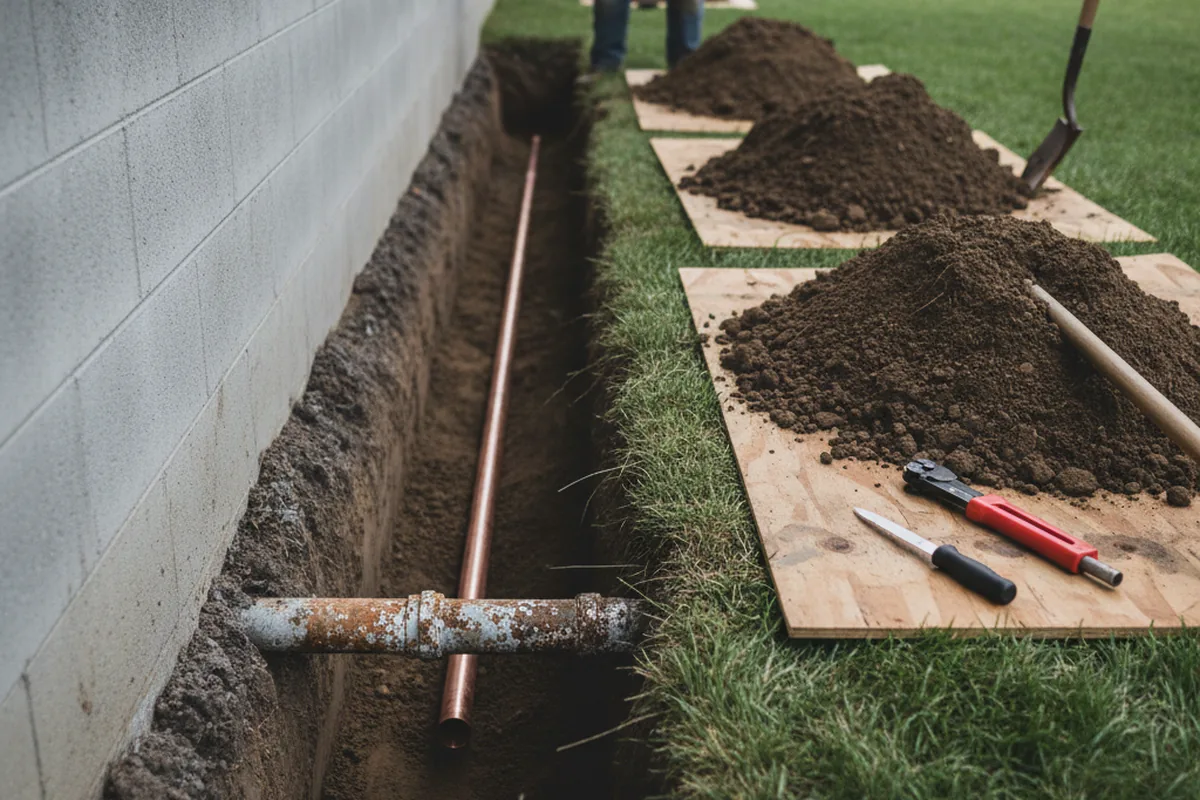 Excavated water line trench during Water Softener Installation in New Cuyama